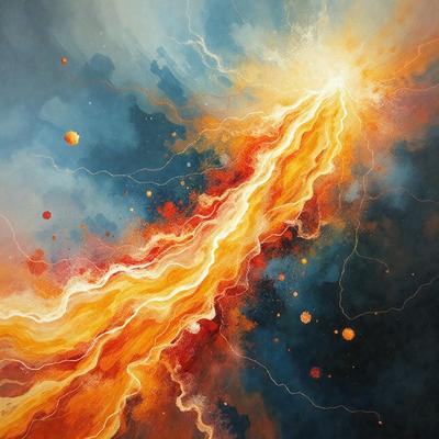 The primary subject of the image is a painting featuring a vibrant orange and yellow color scheme. The setting is a blue background, which contrasts with the warm tones of the painting. The visual style is a mix of digital art and illustration, creating a dynamic and eye-catching piece. The colors and mood of the painting evoke a sense of energy and excitement, with the bold colors and contrasting background creating a visually striking and memorable piece of art.